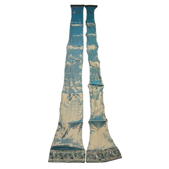 Embroidered Metallic Teal Long Runner  Window Valance With Floral Beaded Edge - Picture 2 of 5